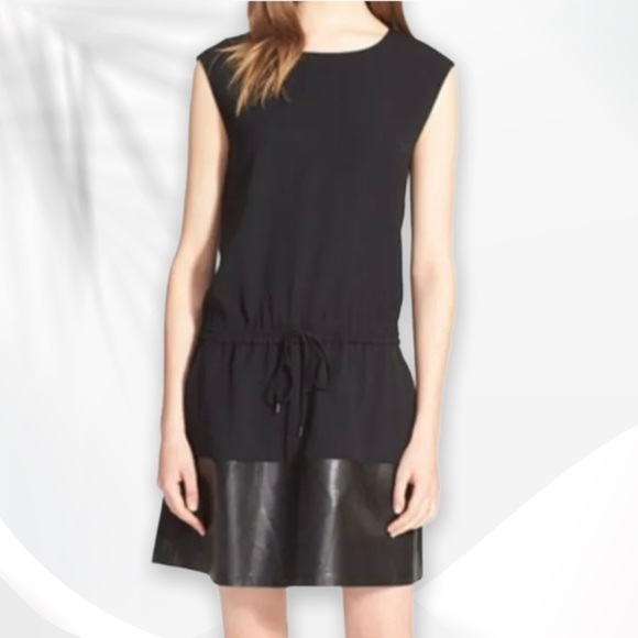 { Vince } - Leather Contrast Band Drawstring Dress - Picture 1 of 5
